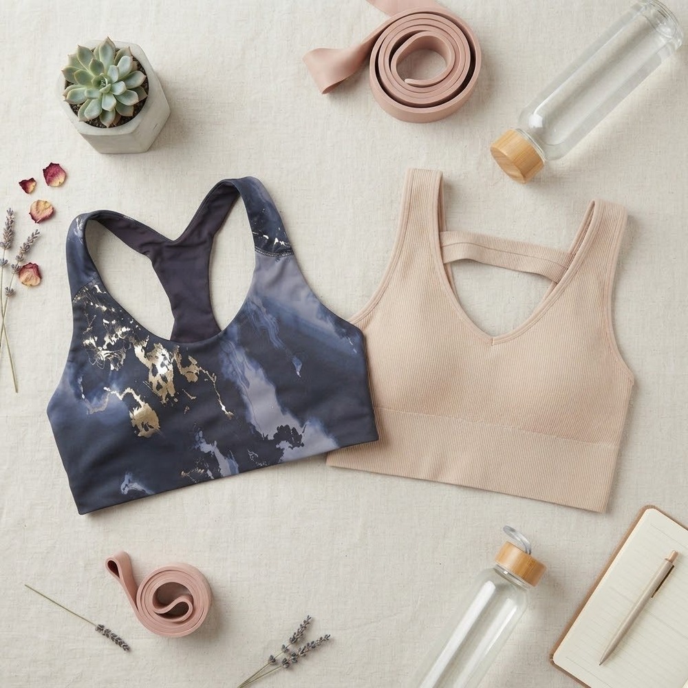 Old Navy & 90 Degree by Reflex Sports Bra Bundle Marble & Ribbed Tan Large